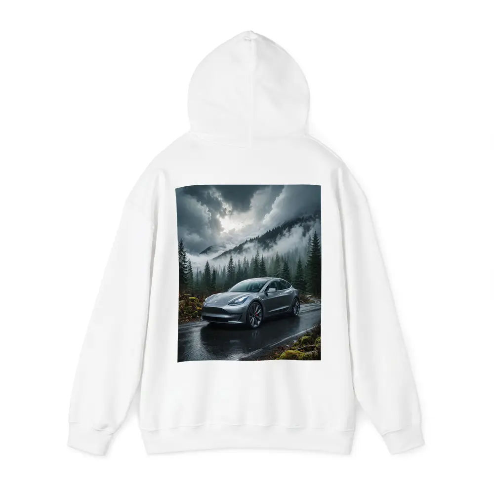 Tesla Model 3 Rainy Forest Mountain Road – Hoodies