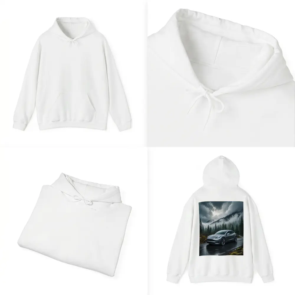 Tesla Model 3 Rainy Forest Mountain Road – Hoodies