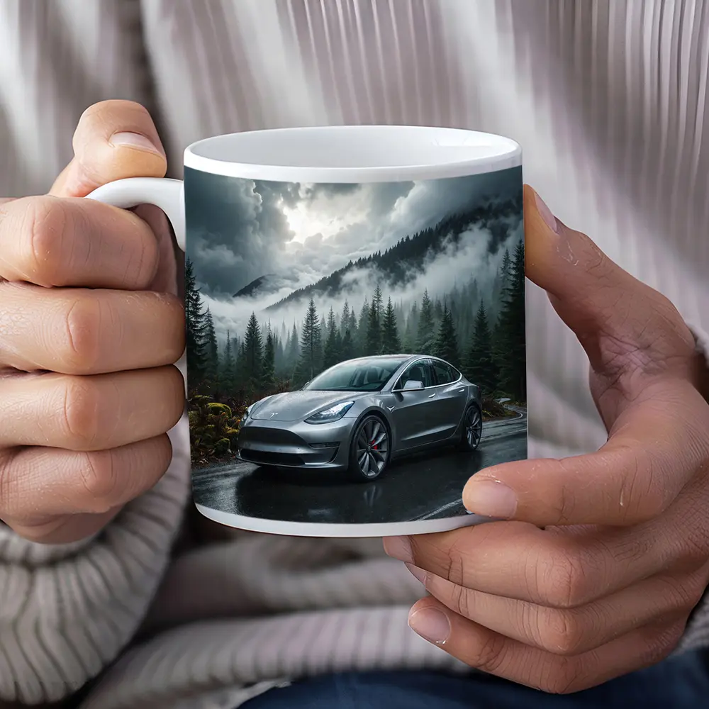 Tesla Model 3 Rainy Forest Mountain Road – Mugs