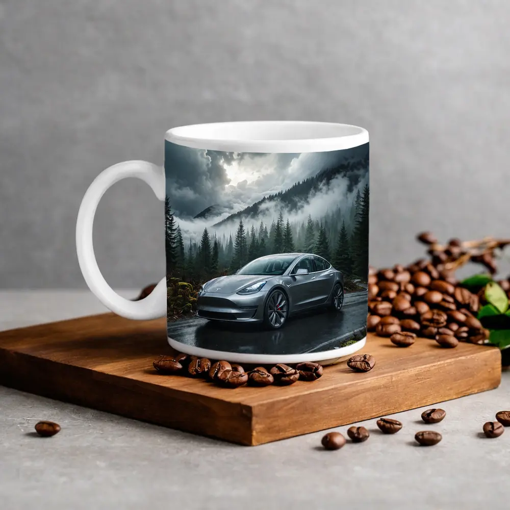 Tesla Model 3 Rainy Forest Mountain Road – Mugs