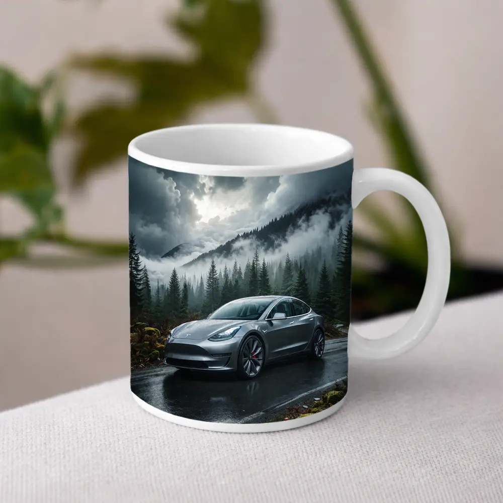 Tesla Model 3 Rainy Forest Mountain Road – Mugs