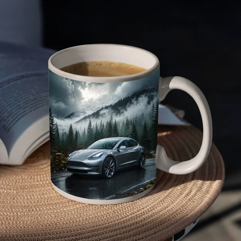 Tesla Model 3 Rainy Forest Mountain Road – Mugs