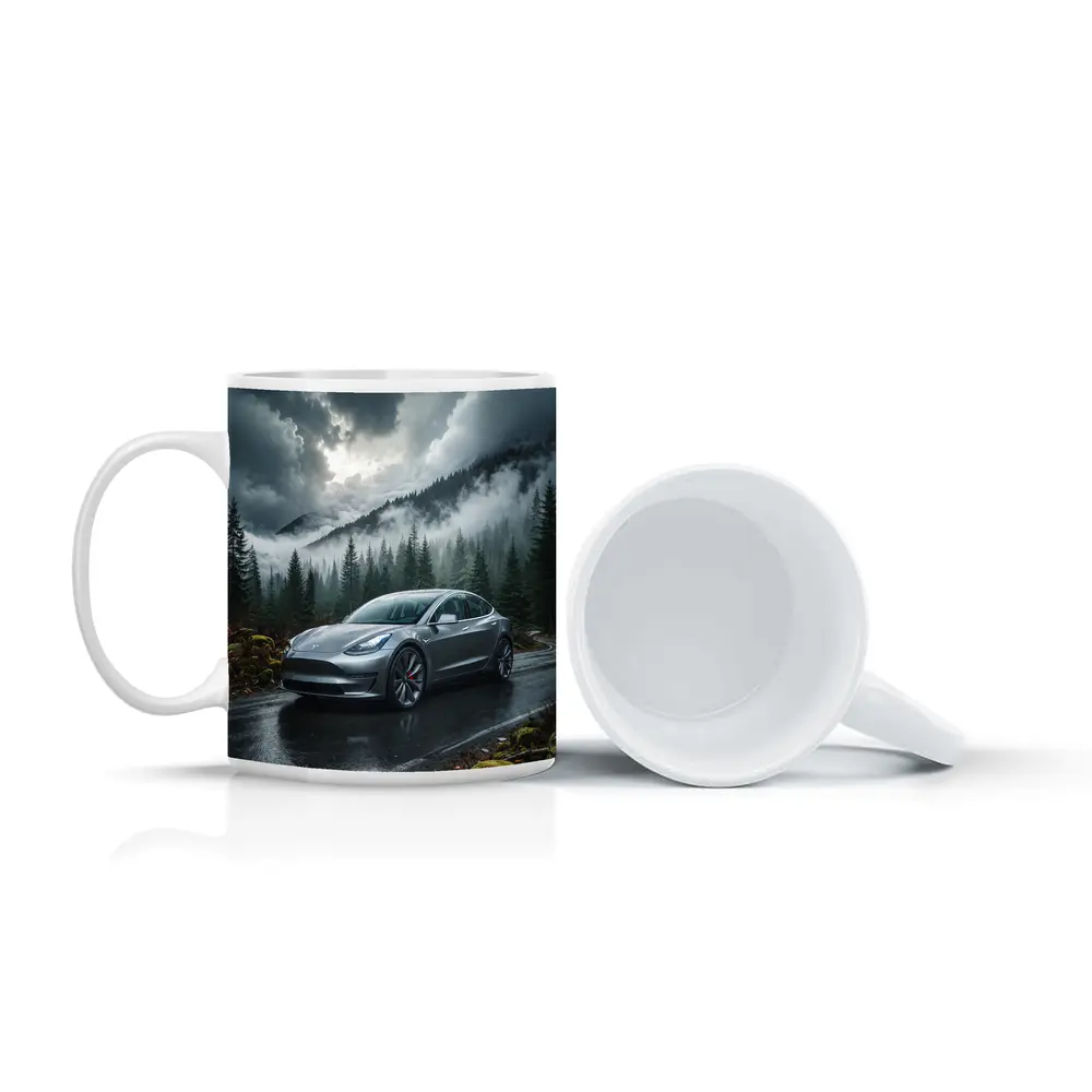 Tesla Model 3 Rainy Forest Mountain Road – Mugs