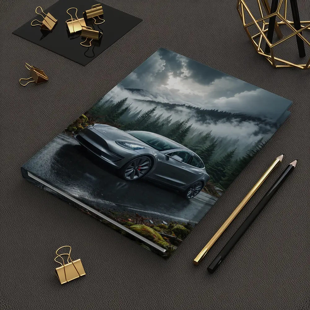 Tesla Model 3 Rainy Forest Mountain Road – Notebooks