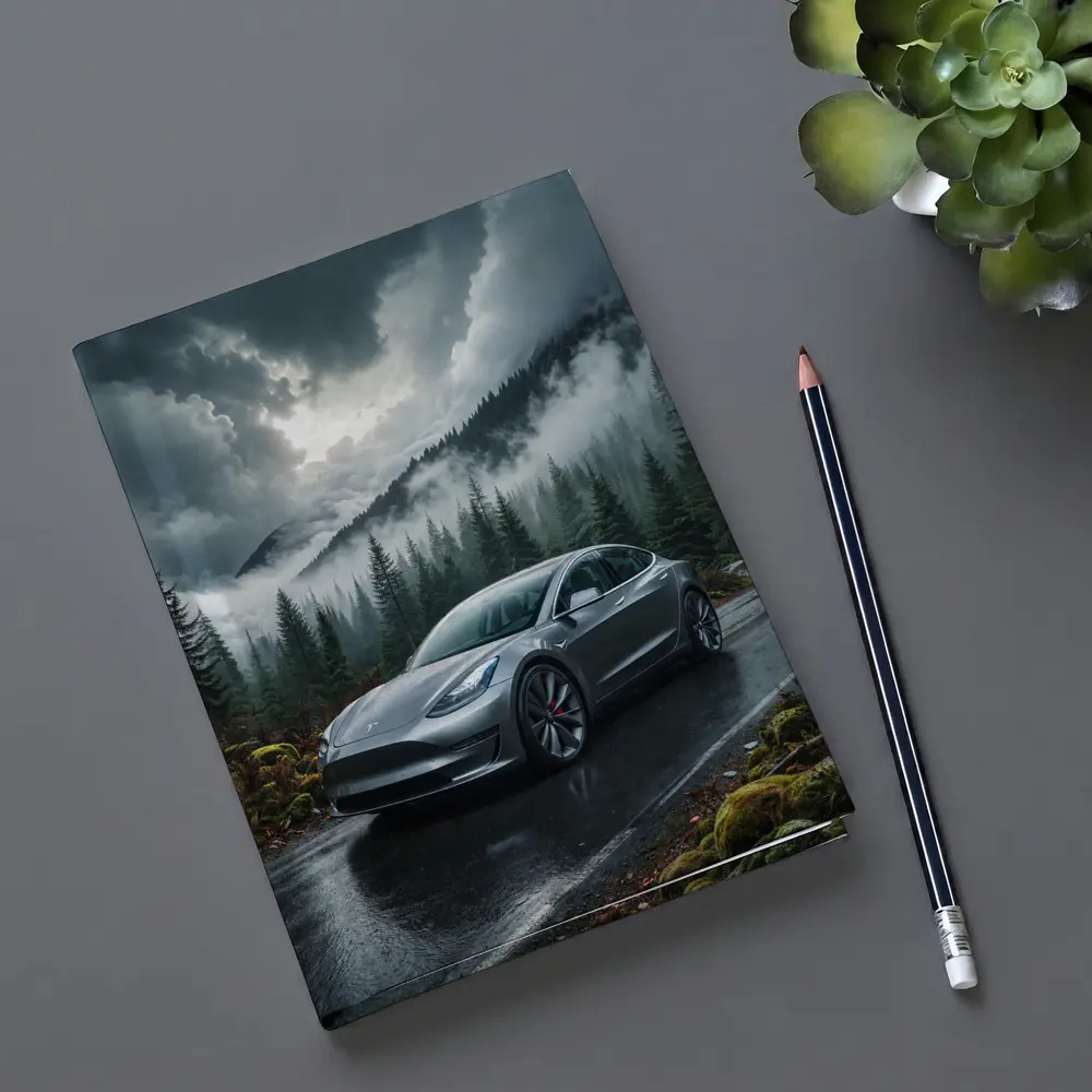 Tesla Model 3 Rainy Forest Mountain Road – Notebooks