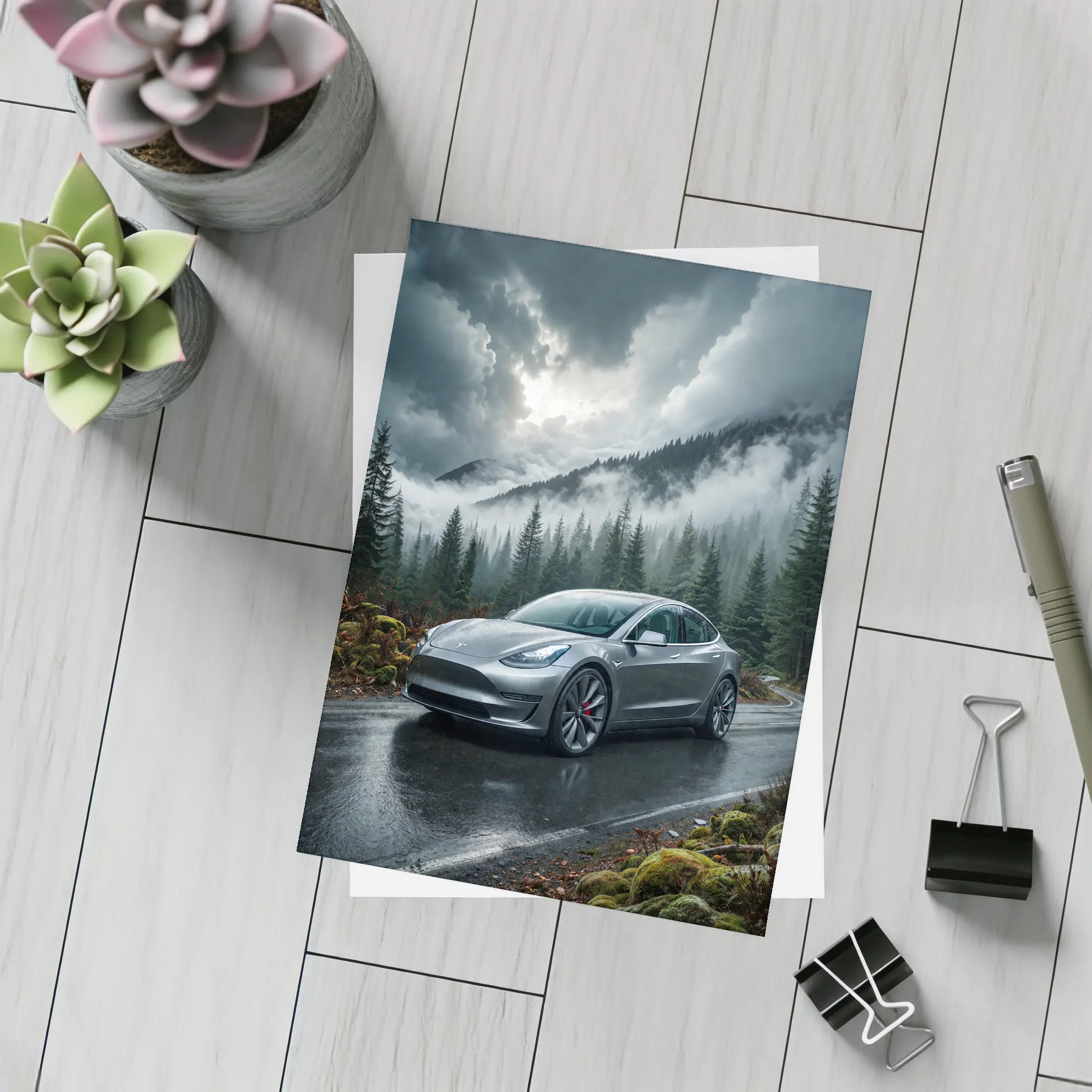 Tesla Model 3 Rainy Forest Mountain Road – Postcards