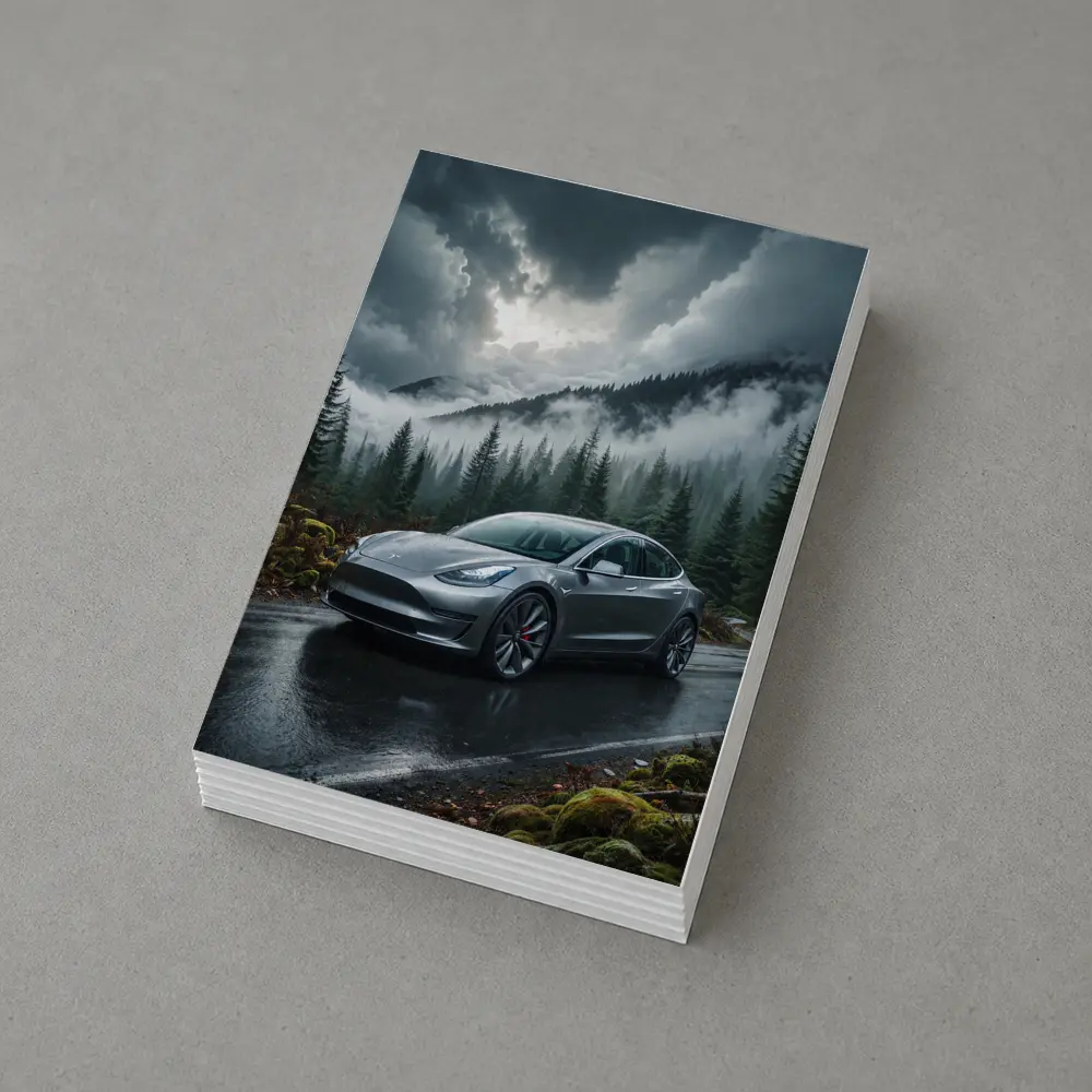 Tesla Model 3 Rainy Forest Mountain Road – Postcards