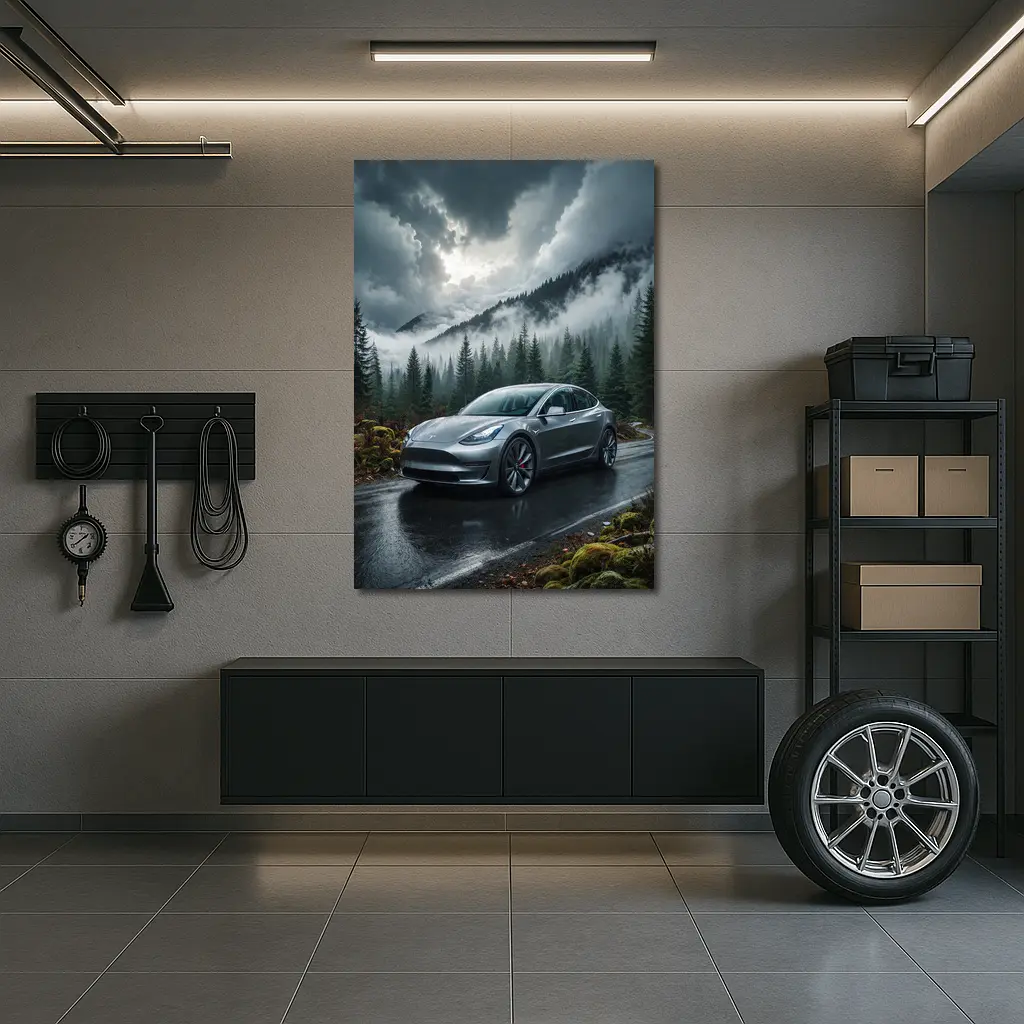 Tesla Model 3 Rainy Forest Mountain Road – Wall Art