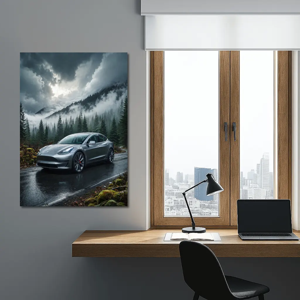 Tesla Model 3 Rainy Forest Mountain Road – Wall Art