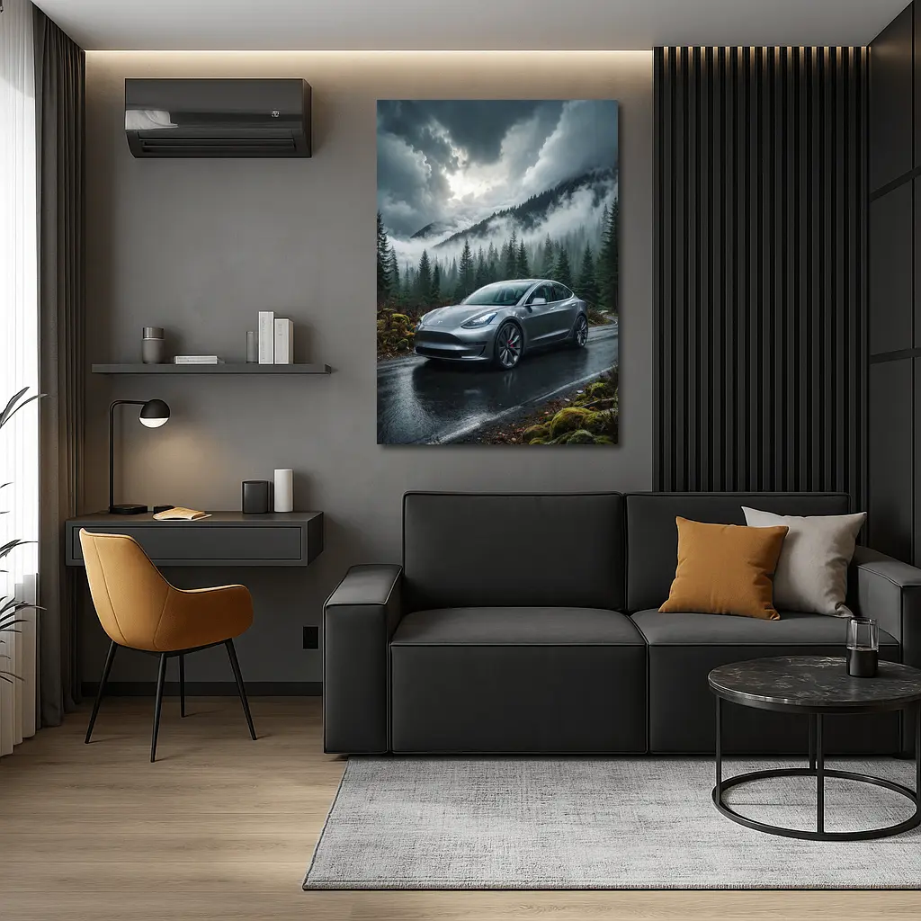 Tesla Model 3 Rainy Forest Mountain Road – Wall Art