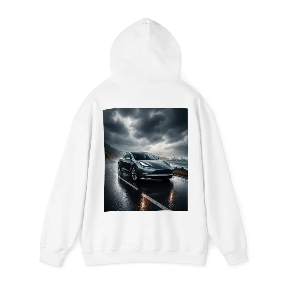 Tesla Model 3 On Rainy Coastal Road – Hoodies