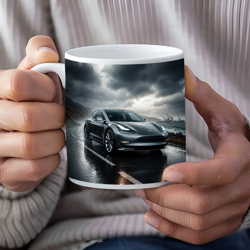 Tesla Model 3 On Rainy Coastal Road – Mugs