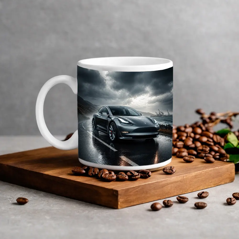 Tesla Model 3 On Rainy Coastal Road – Mugs