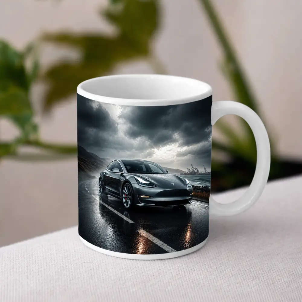Tesla Model 3 On Rainy Coastal Road – Mugs