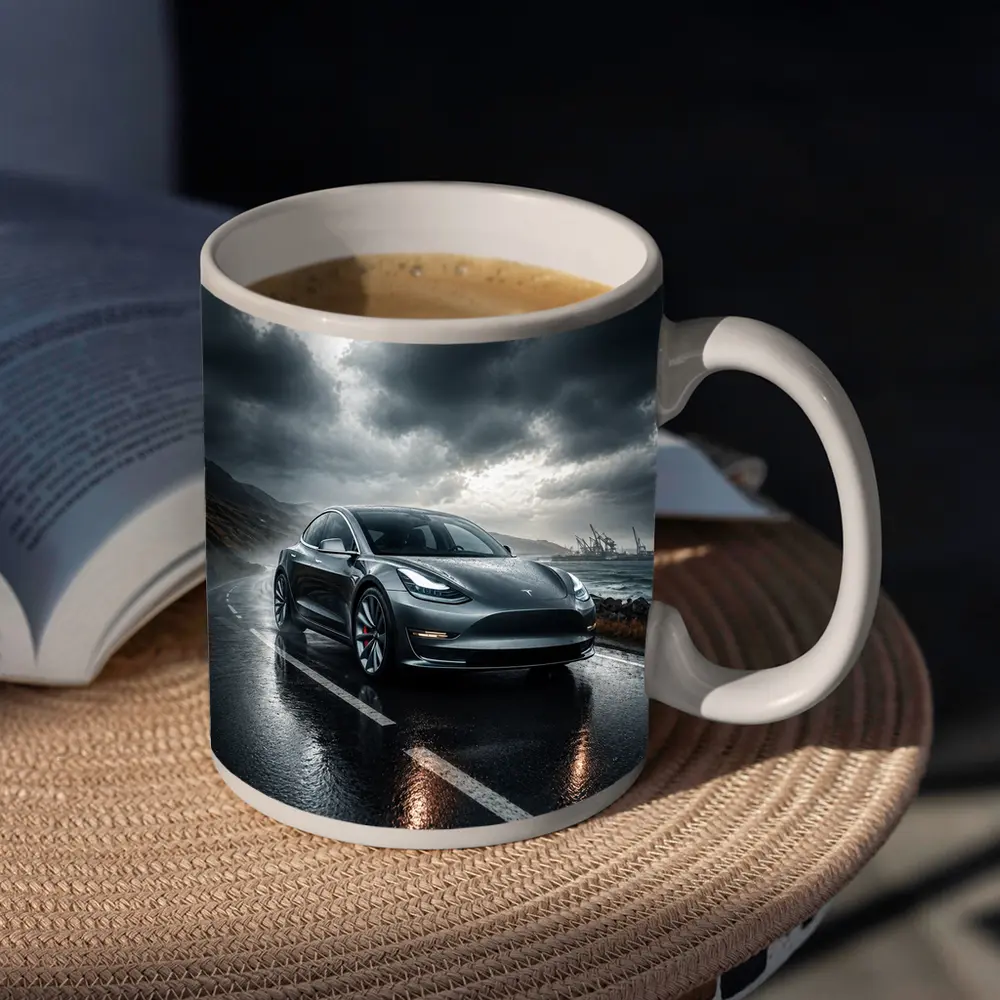 Tesla Model 3 On Rainy Coastal Road – Mugs