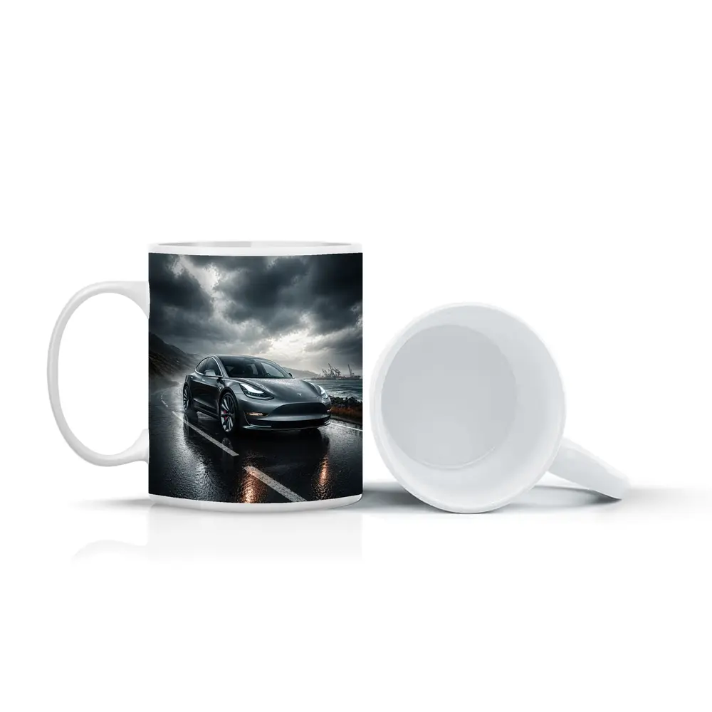 Tesla Model 3 On Rainy Coastal Road – Mugs