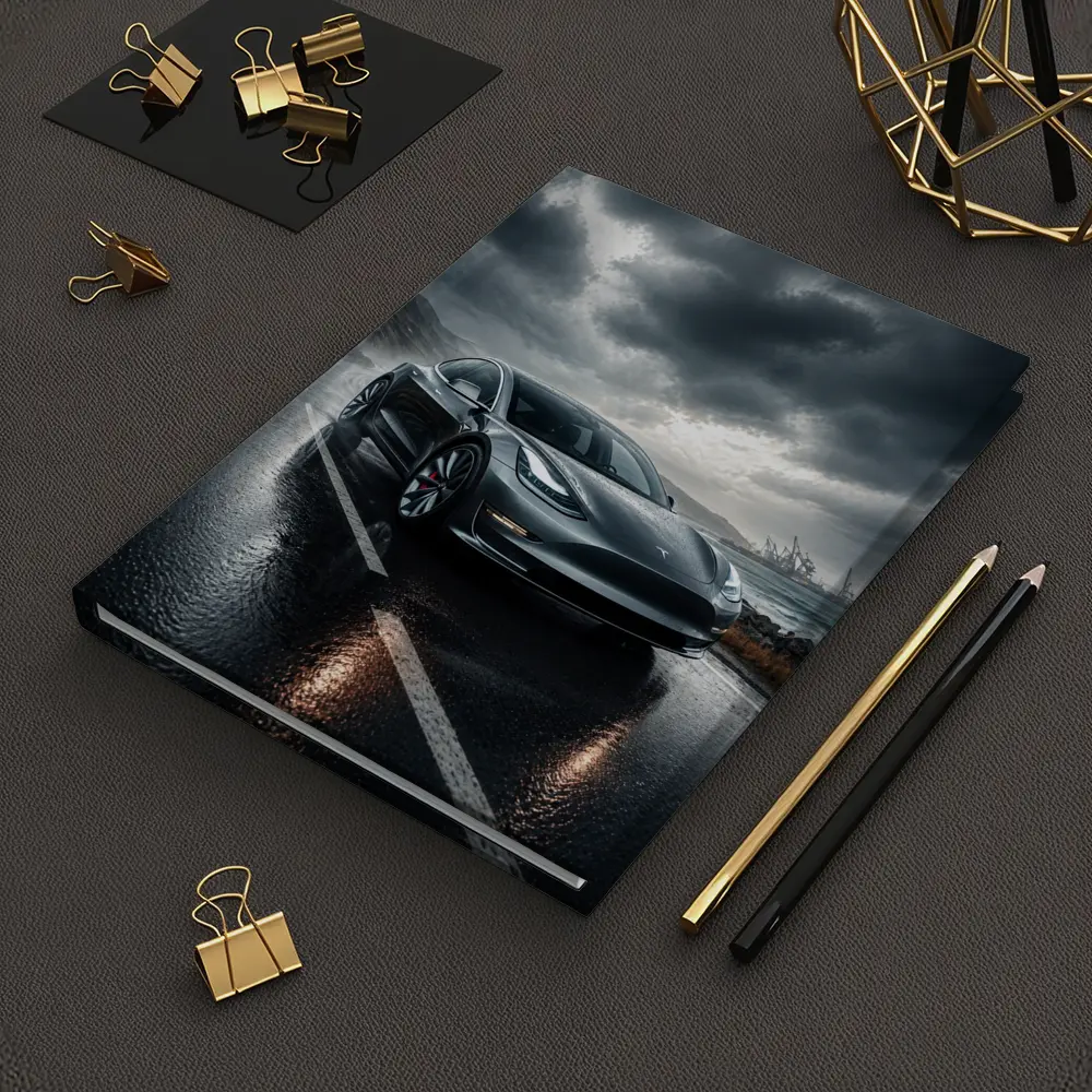 Tesla Model 3 On Rainy Coastal Road – Notebooks