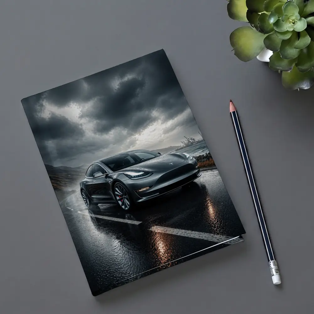 Tesla Model 3 On Rainy Coastal Road – Notebooks