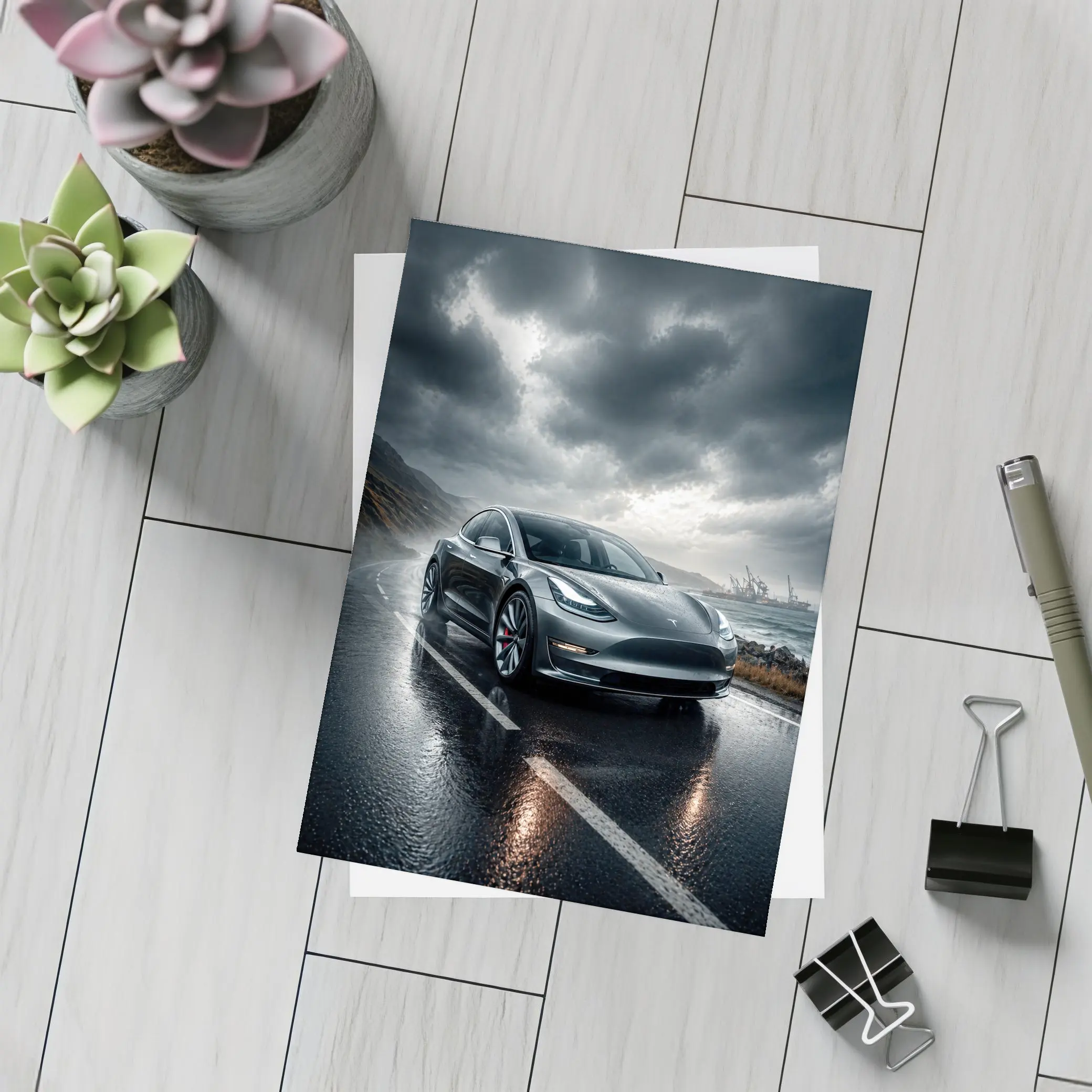 Tesla Model 3 On Rainy Coastal Road – Postcards