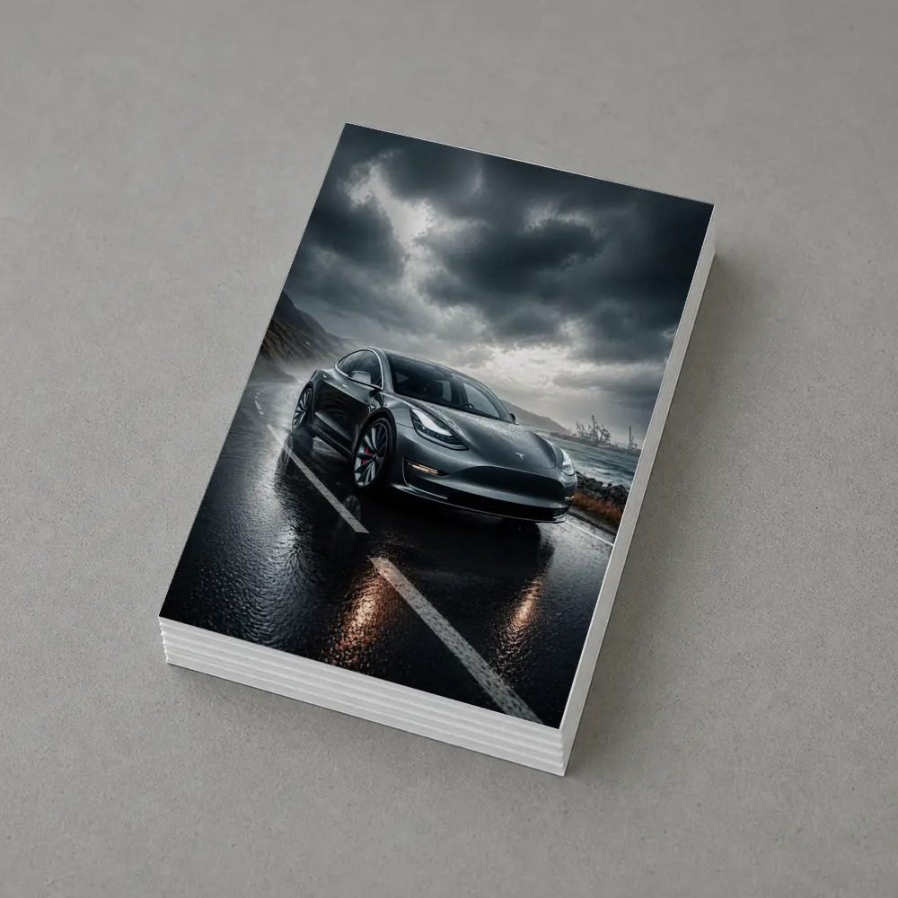 Tesla Model 3 On Rainy Coastal Road – Postcards