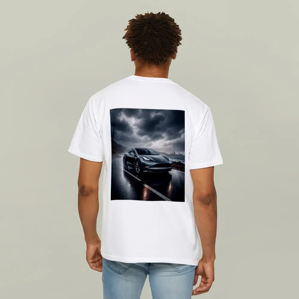Tesla Model 3 On Rainy Coastal Road – T-Shirts