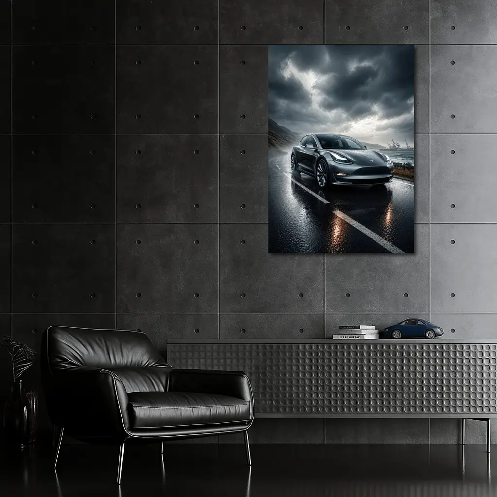 Tesla Model 3 On Rainy Coastal Road – Wall Art