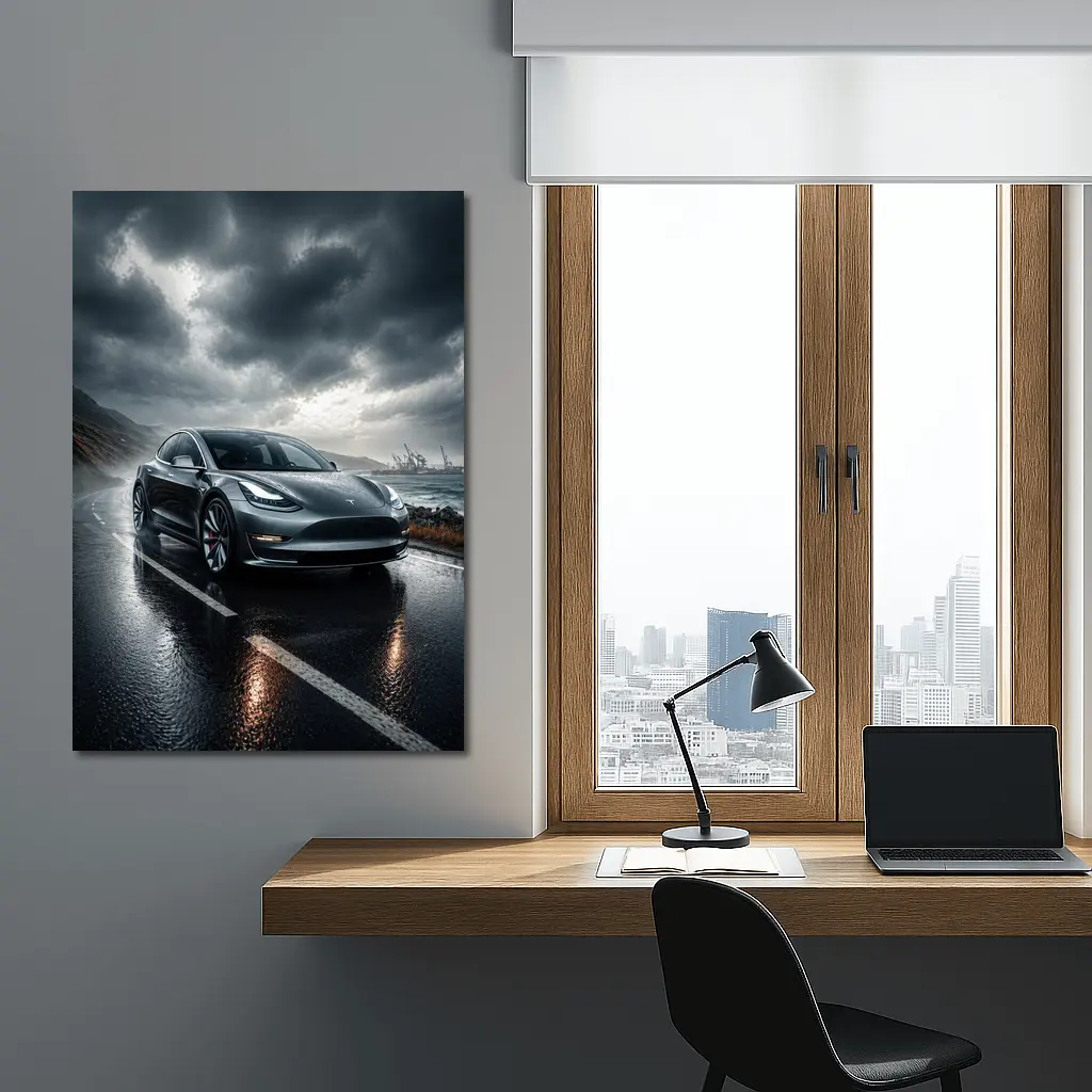 Tesla Model 3 On Rainy Coastal Road – Wall Art