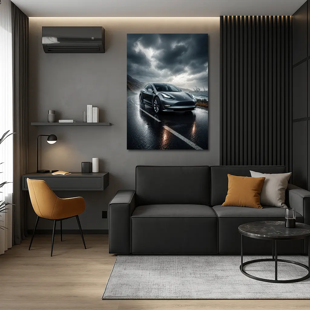 Tesla Model 3 On Rainy Coastal Road – Wall Art