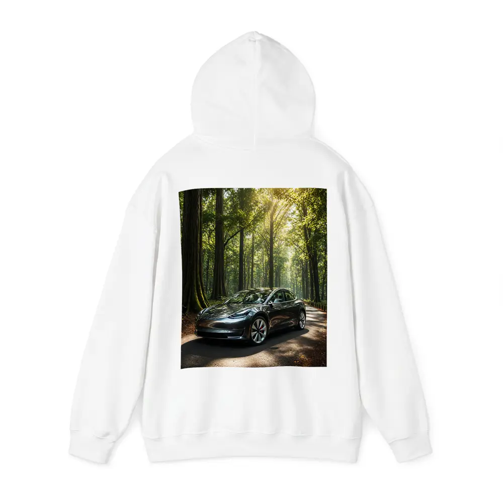 Tesla Model 3 Parked On Forest Road – Hoodies