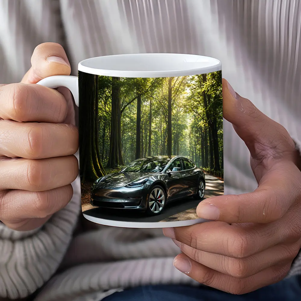 Tesla Model 3 Parked On Forest Road – Mugs