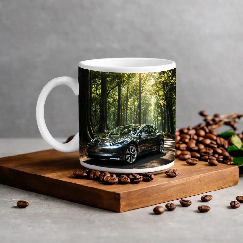 Tesla Model 3 Parked On Forest Road – Mugs