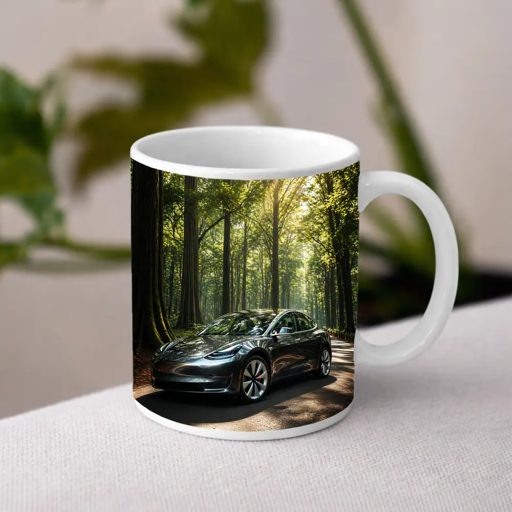 Tesla Model 3 Parked On Forest Road – Mugs