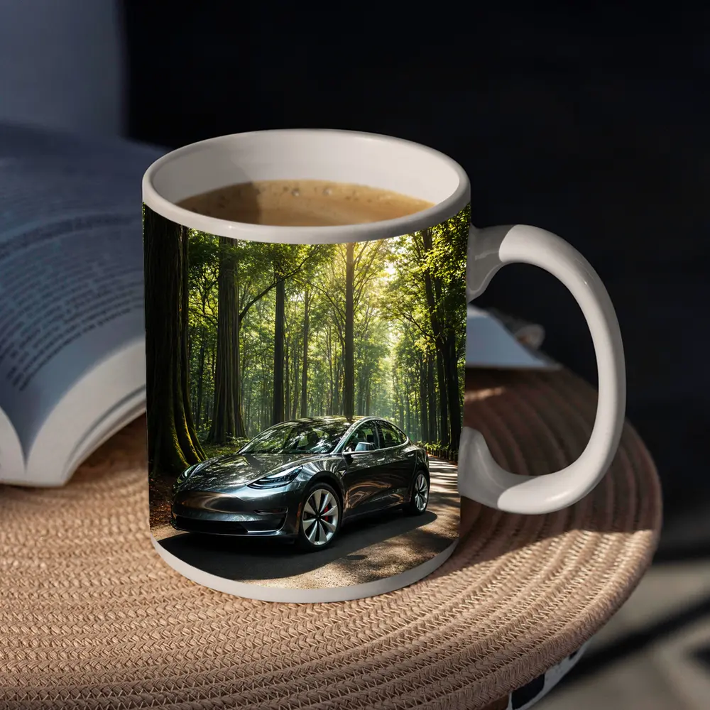 Tesla Model 3 Parked On Forest Road – Mugs
