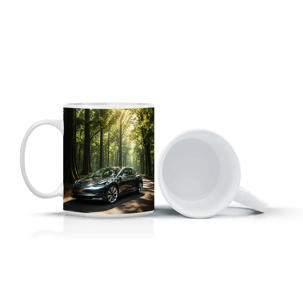 Tesla Model 3 Parked On Forest Road – Mugs