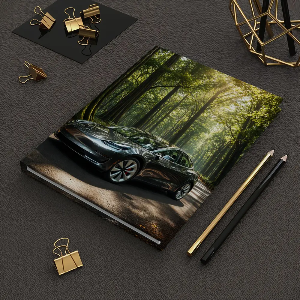 Tesla Model 3 Parked On Forest Road – Notebooks