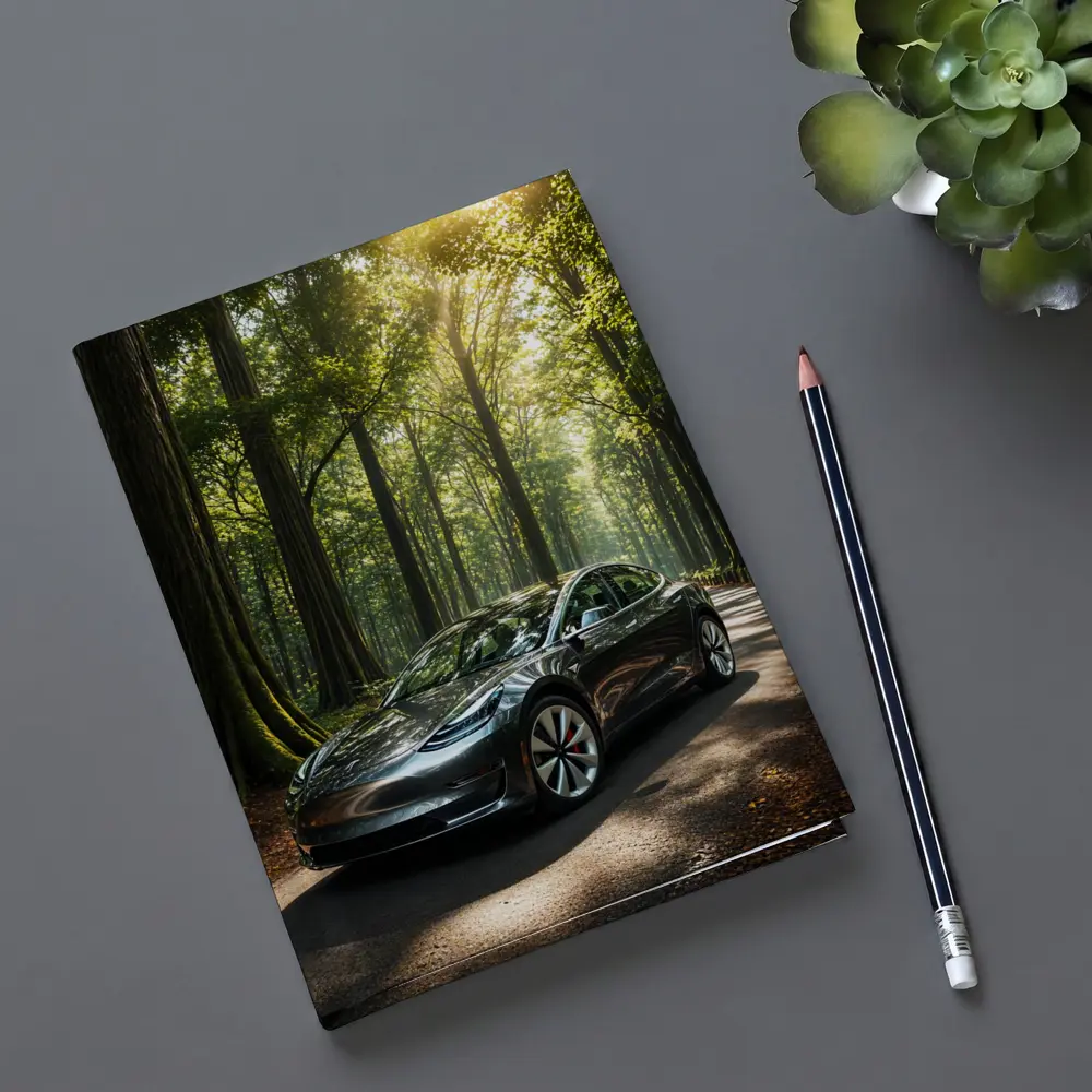 Tesla Model 3 Parked On Forest Road – Notebooks