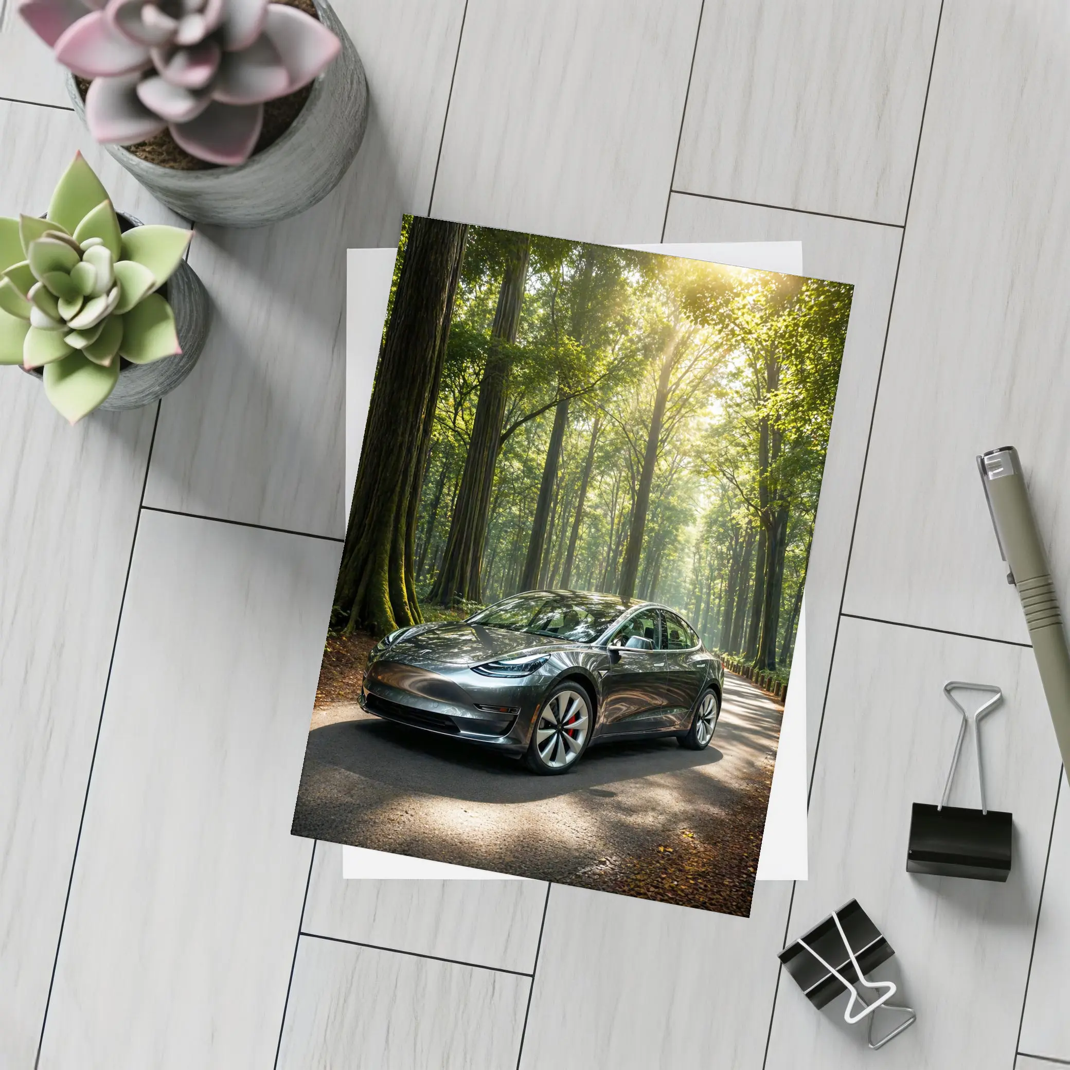 Tesla Model 3 Parked On Forest Road – Postcards