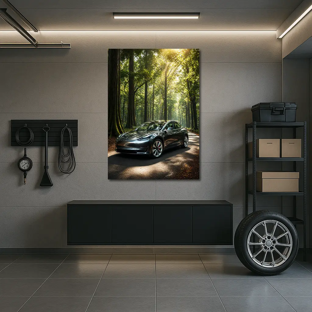 Tesla Model 3 Parked On Forest Road – Wall Art