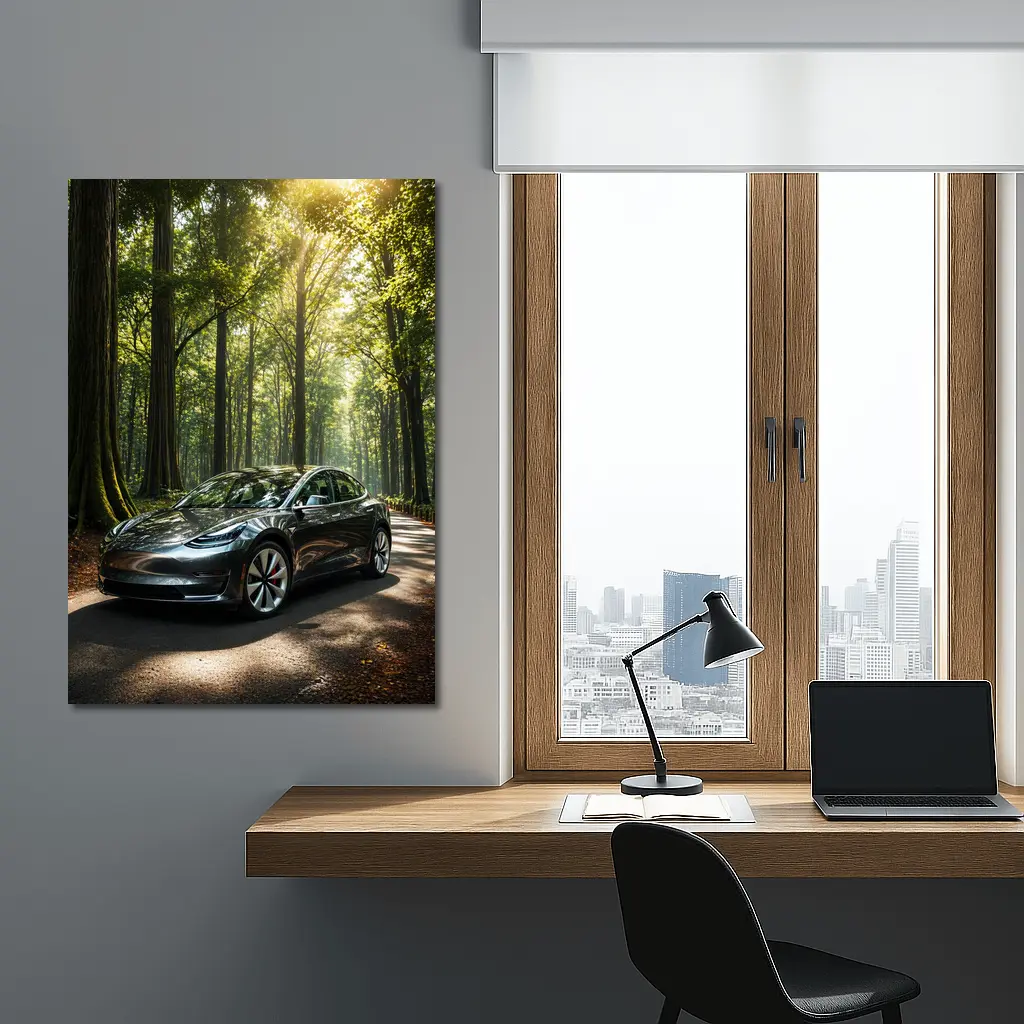 Tesla Model 3 Parked On Forest Road – Wall Art