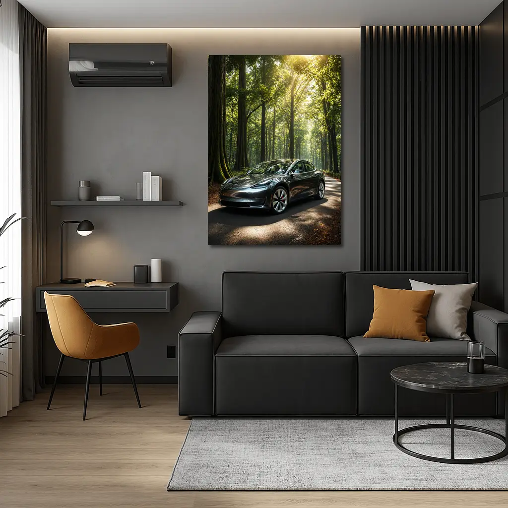 Tesla Model 3 Parked On Forest Road – Wall Art