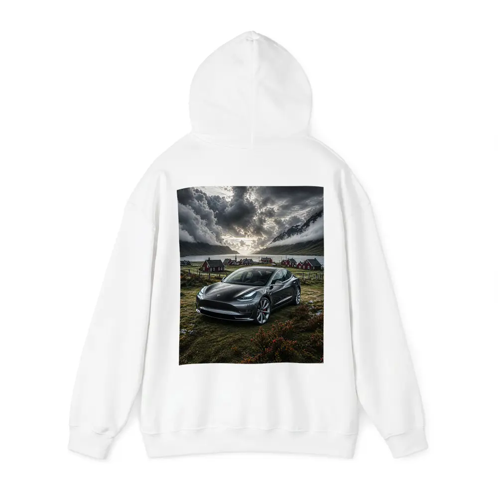 Tesla Model 3 Dark Dramatic Cloudy Landscape – Hoodies