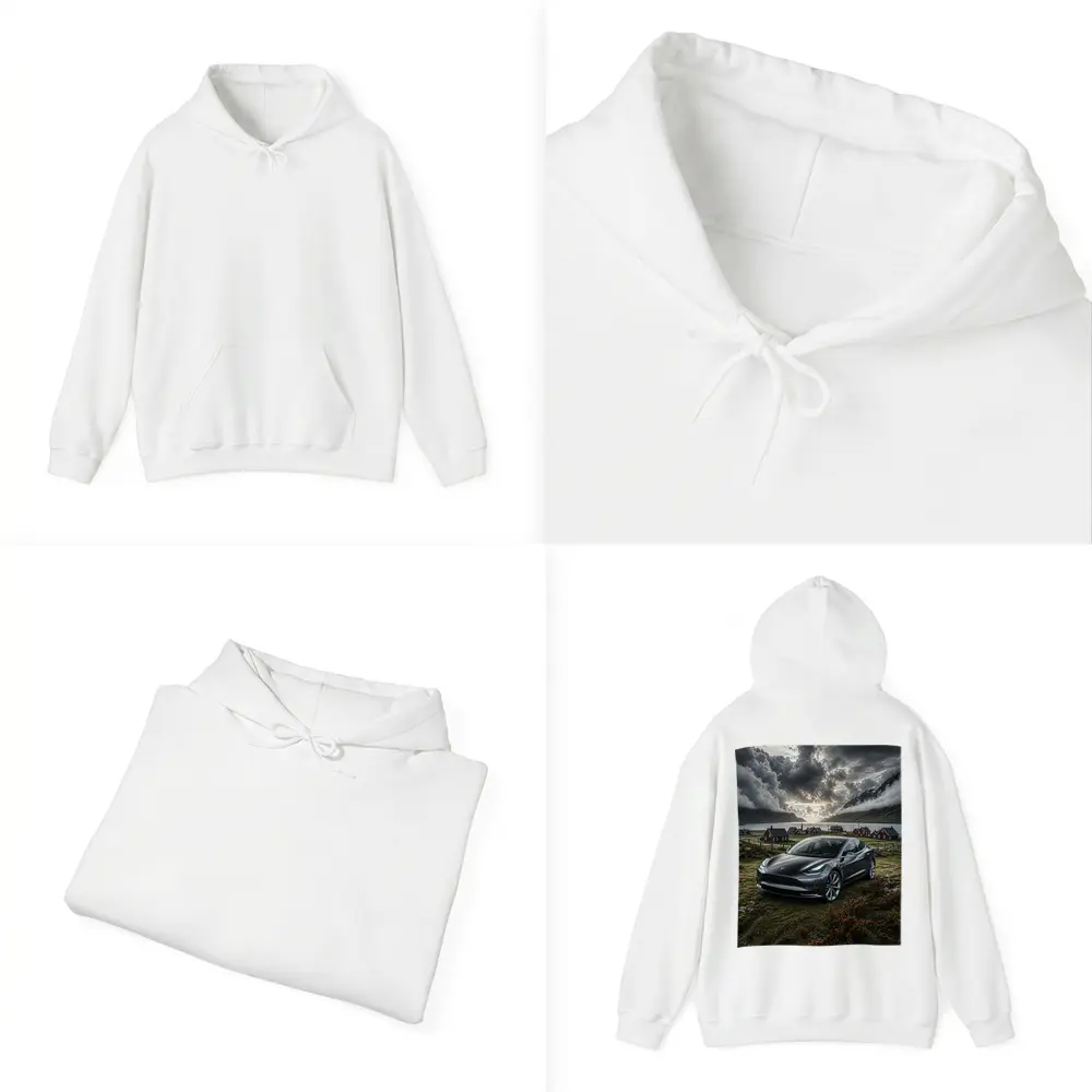 Tesla Model 3 Dark Dramatic Cloudy Landscape – Hoodies