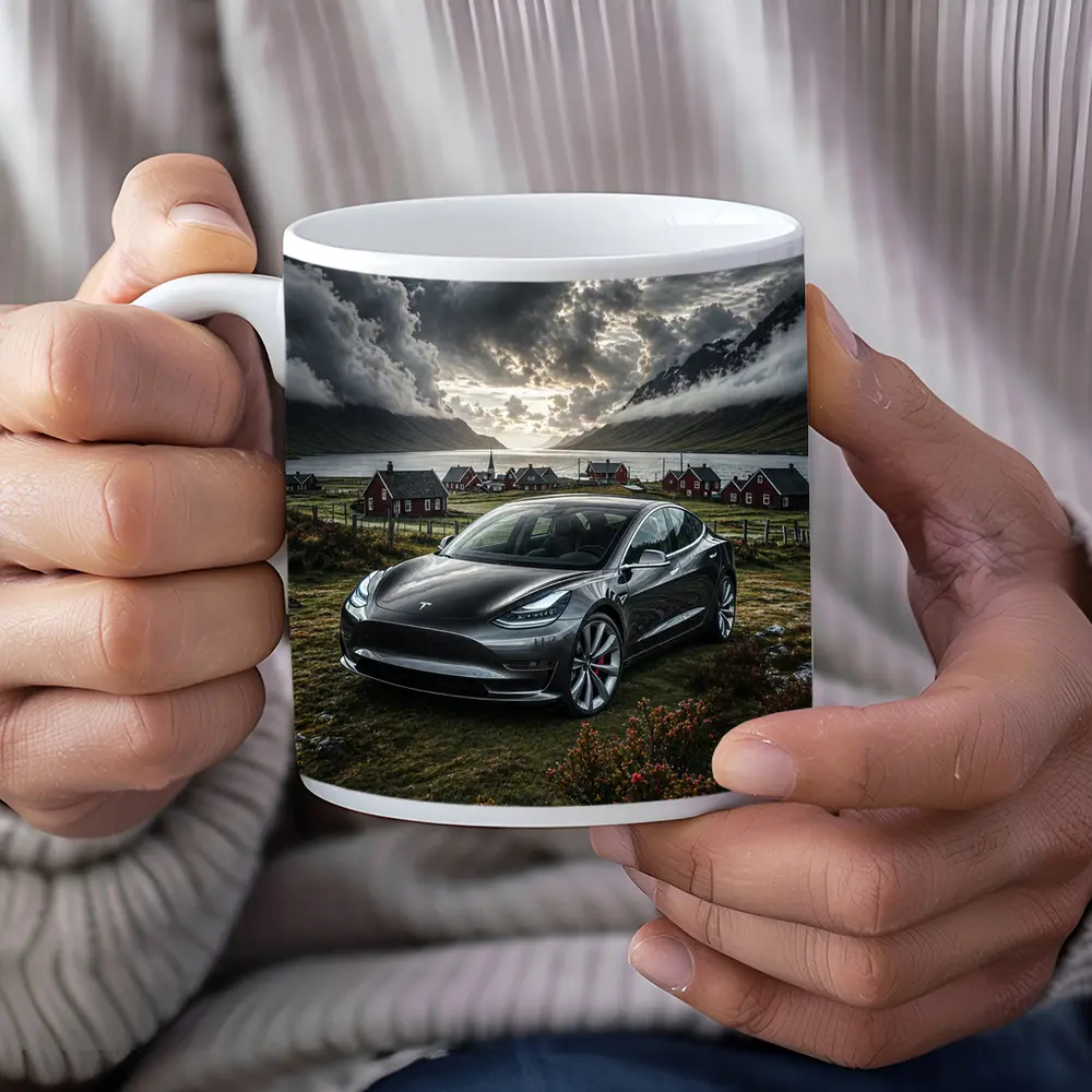 Tesla Model 3 Dark Dramatic Cloudy Landscape – Mugs