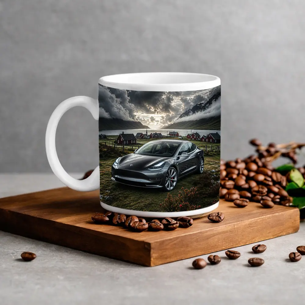 Tesla Model 3 Dark Dramatic Cloudy Landscape – Mugs