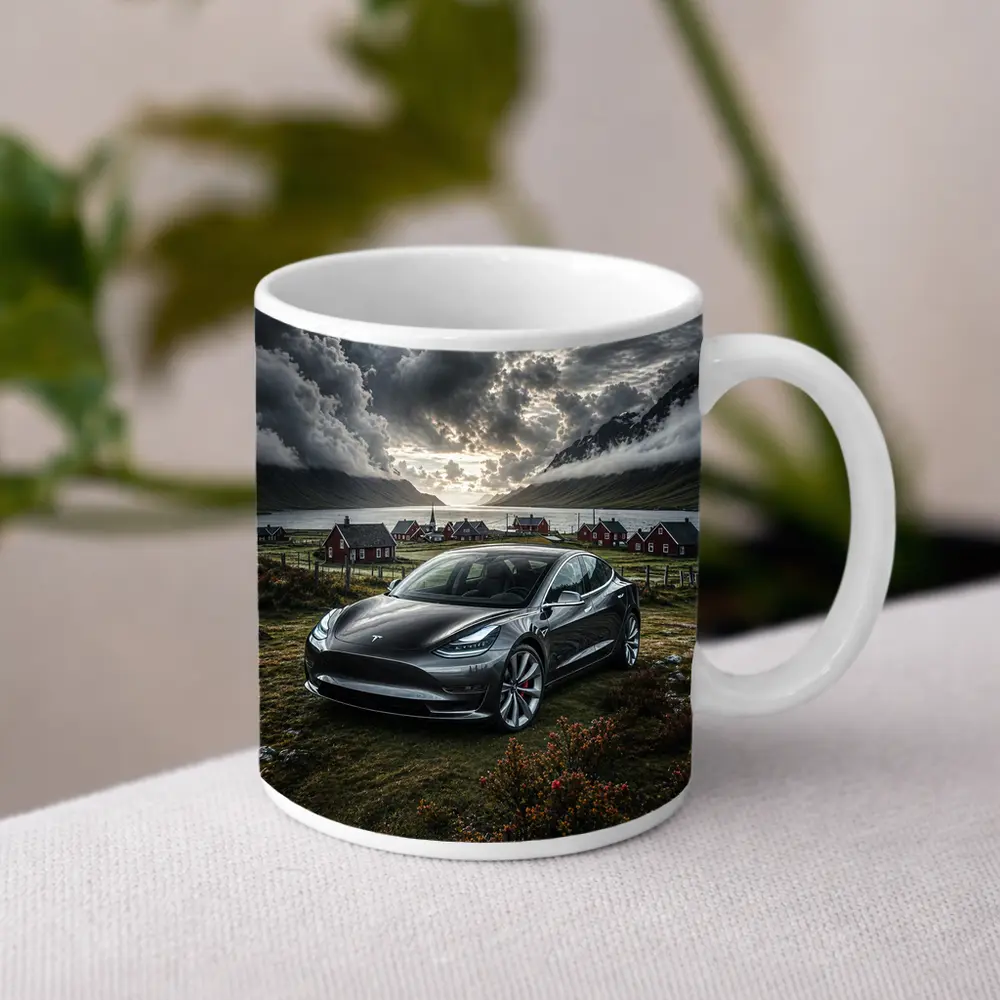 Tesla Model 3 Dark Dramatic Cloudy Landscape – Mugs