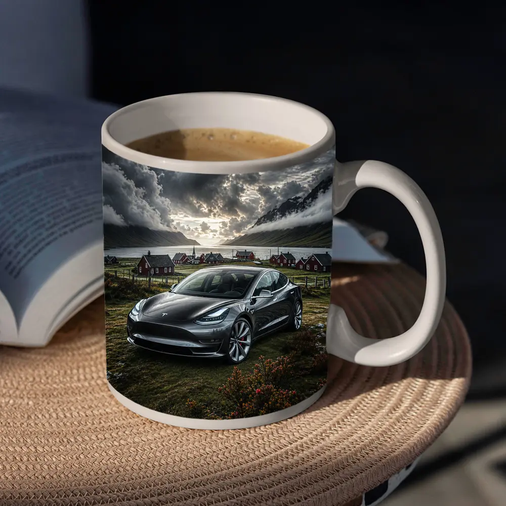 Tesla Model 3 Dark Dramatic Cloudy Landscape – Mugs