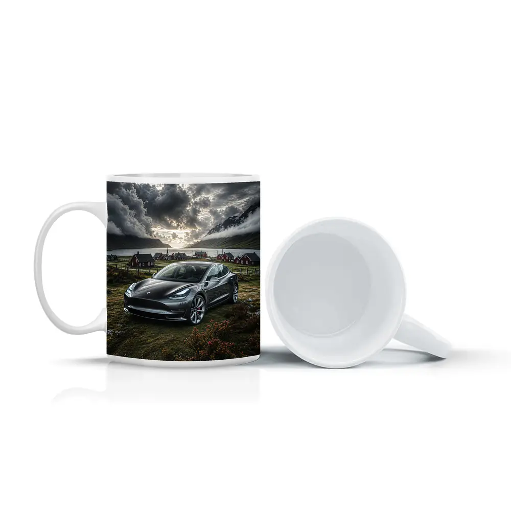 Tesla Model 3 Dark Dramatic Cloudy Landscape – Mugs