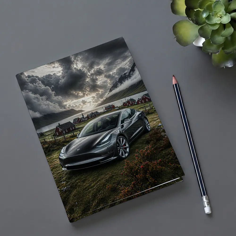 Tesla Model 3 Dark Dramatic Cloudy Landscape – Notebooks