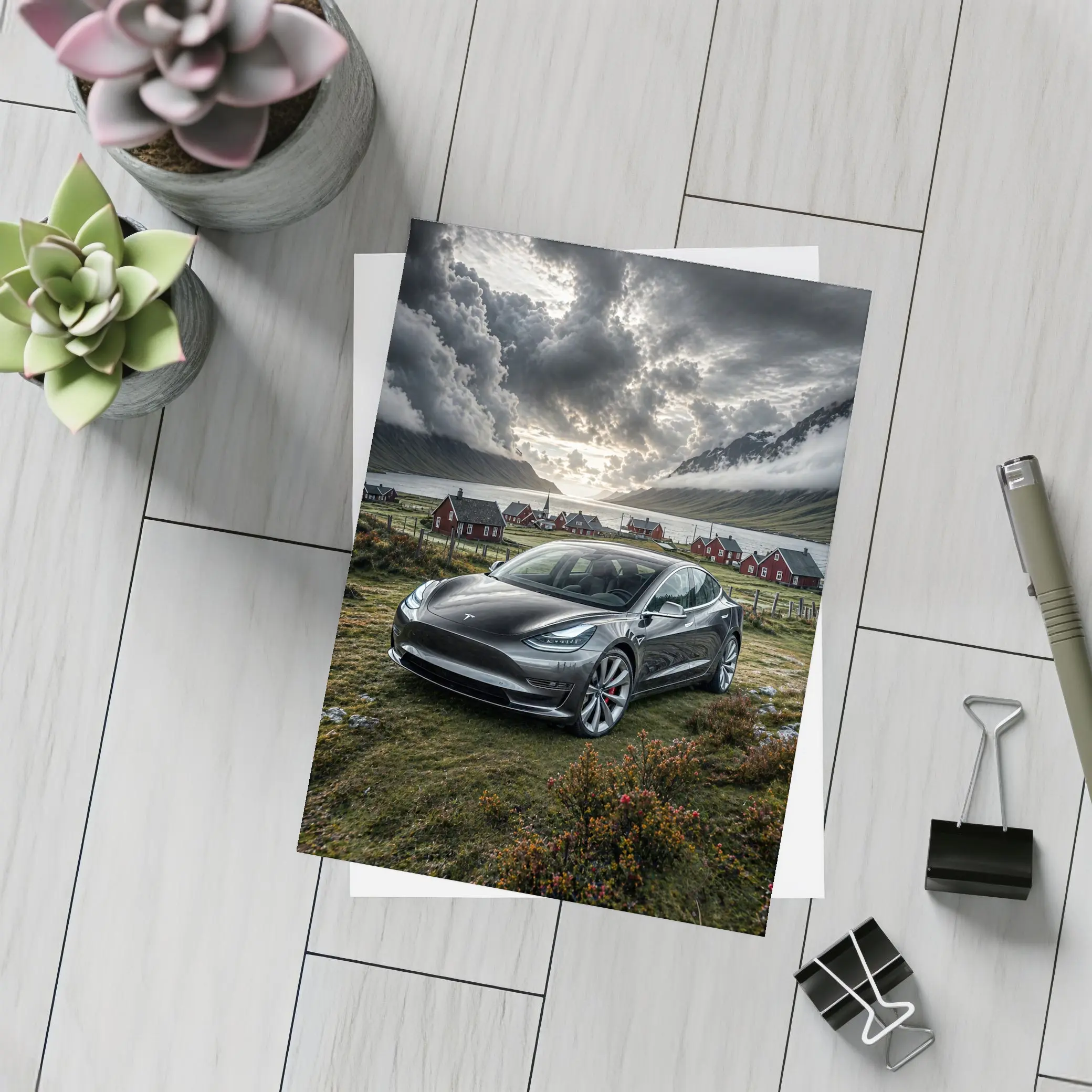 Tesla Model 3 Dark Dramatic Cloudy Landscape – Postcards
