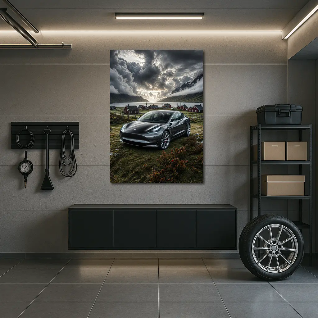 Tesla Model 3 Dark Dramatic Cloudy Landscape – Wall Art